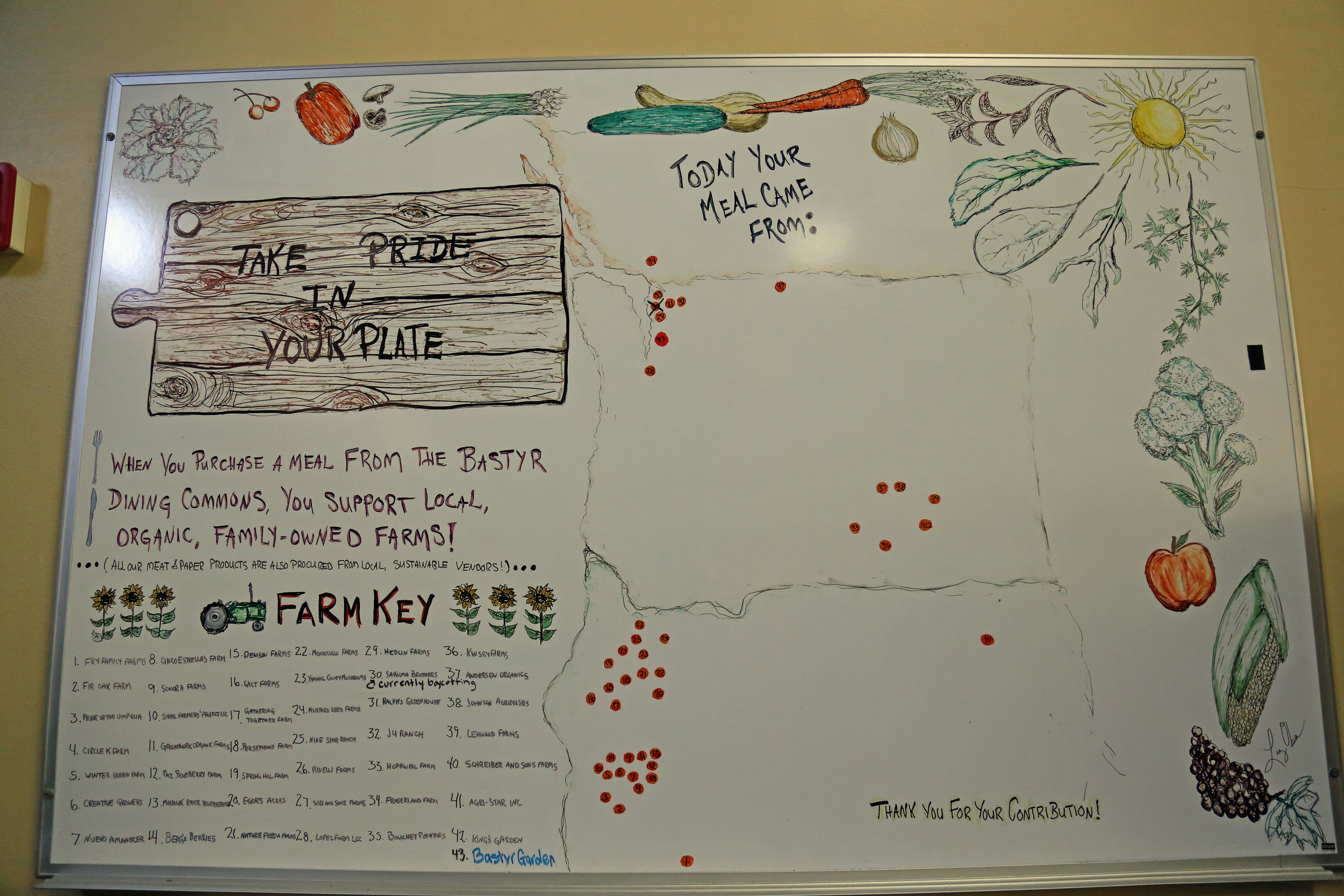 A bulletin board in the cafeteria tells you what farms supplied your food.